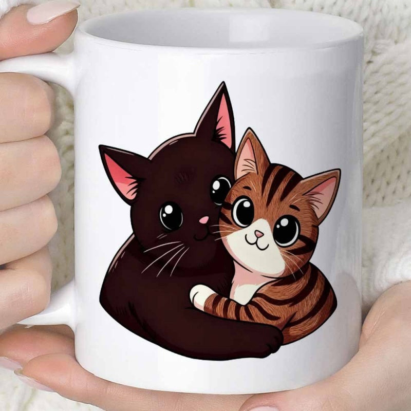 Tailorly White Ceramic 11 oz Mug - Adorable Cartoon Black And Tabby Kittens Cuddling Together With Love Cats