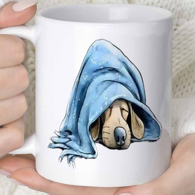 Tailorly White Ceramic 11 oz Mug - Adorable Tired Puppy Resting Under A Cozy Soft Blue Fringed Blanket Dog