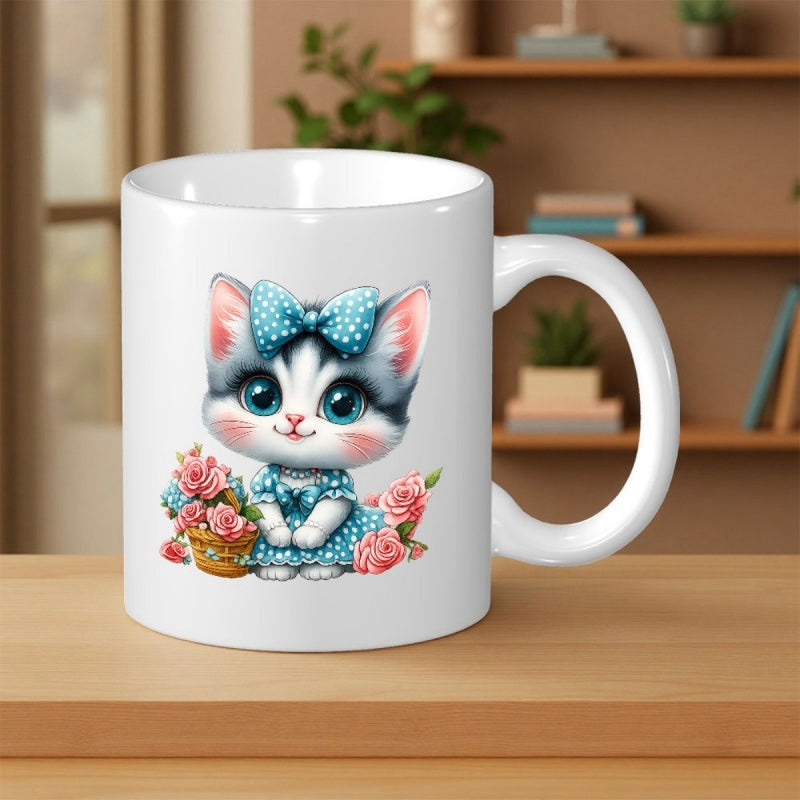 Tailorly White Ceramic 11 oz Mug - Beautiful Tiny Cat Wearing Blue Polka Dot Dress Beside Pink Flowers Kitten