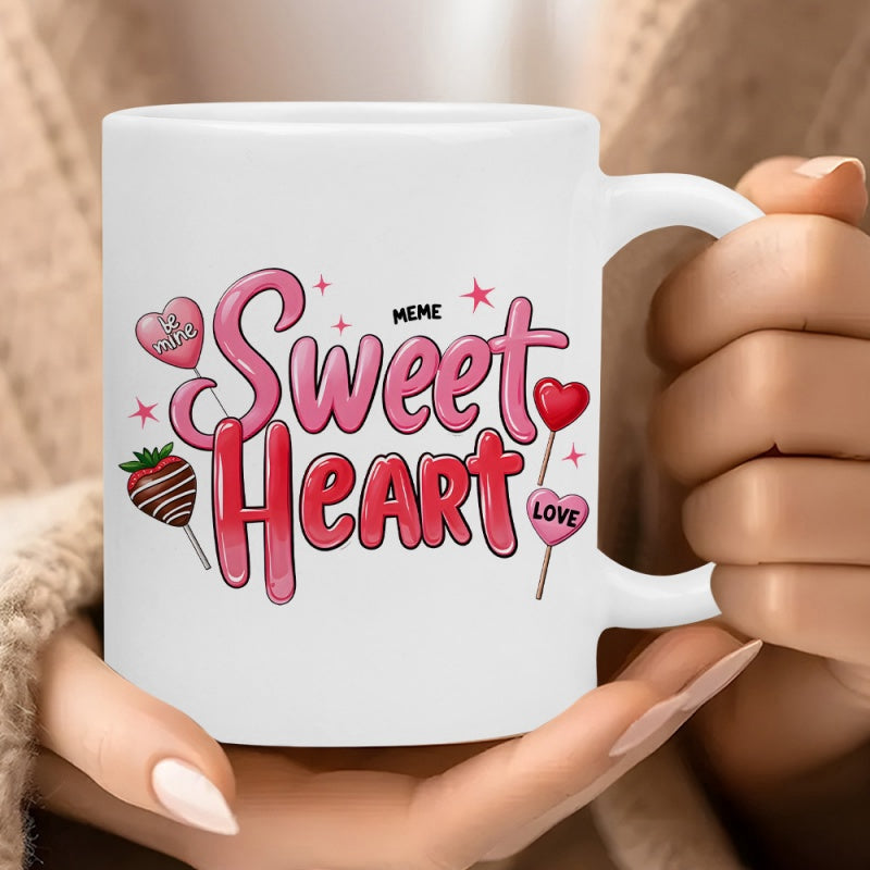 Tailorly White Ceramic 11 oz Mug - Sweet Heart Meme Love Pink Stylized Letters Surrounded By Sweet Hearts And Chocolate Strawberry Heart