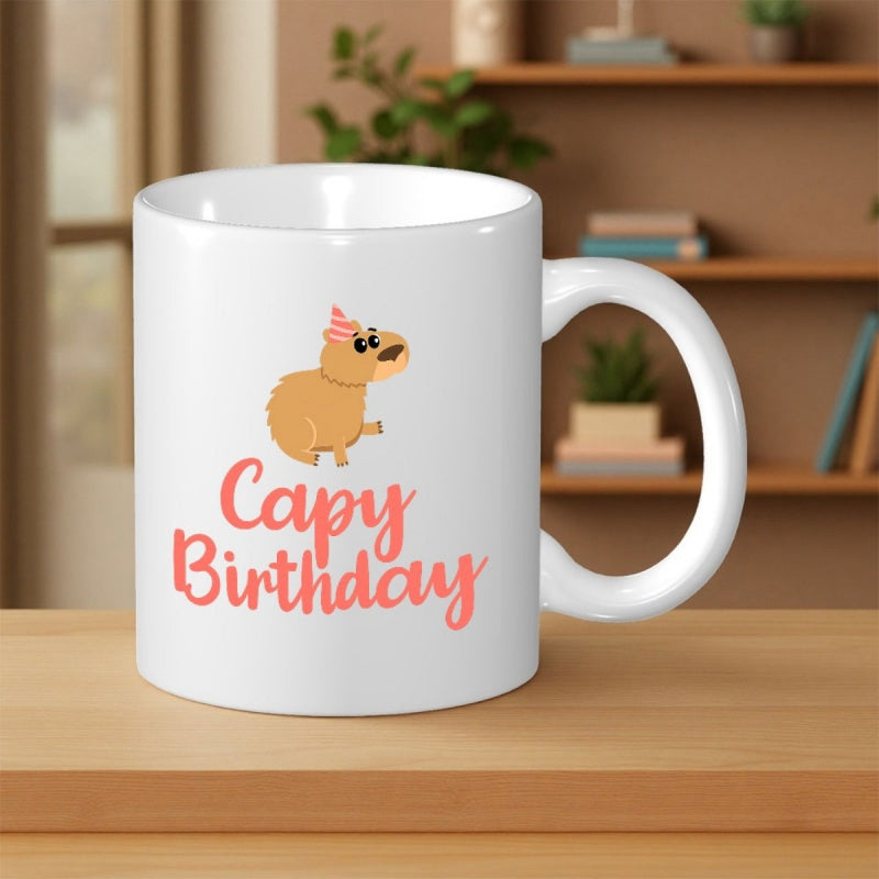 Tailorly White Ceramic 11 oz Mug - Capy Birthday Cute Cartoon Animal Wearing Pink Party Hat Celebrating A Special Day Capybara