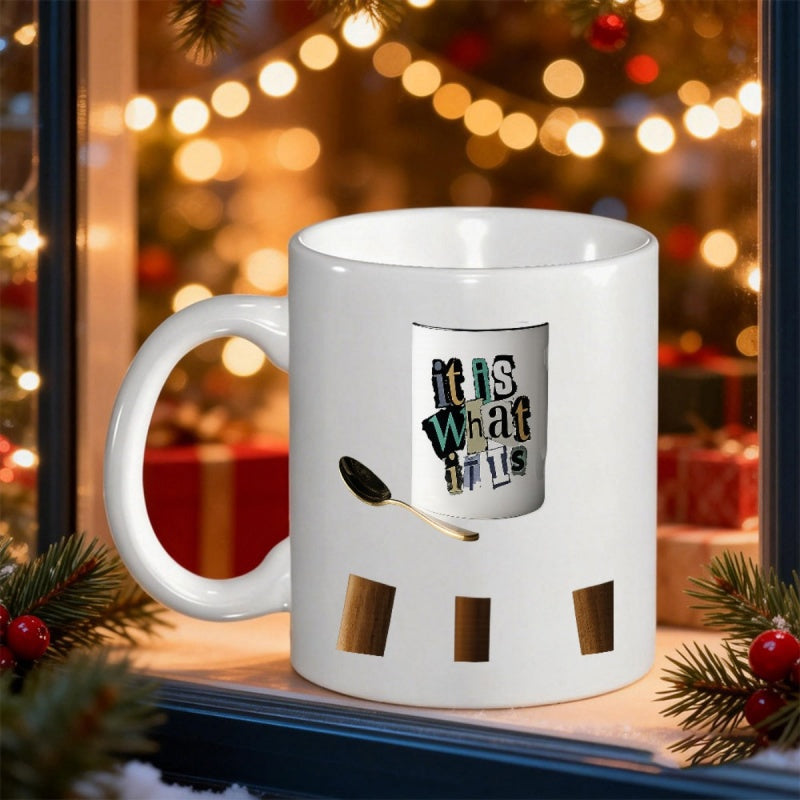 Tailorly White Ceramic 11 oz Mug - It Is What It Is Minimalist Modern Style With Decorative Spoon And Abstract Dark Elements Mug