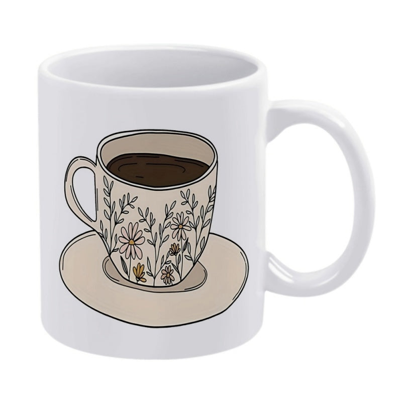 Tailorly White Ceramic 11 oz Mug - Minimalist Hand Drawn Aesthetic Coffee Cup Resting On A Delicate Saucer Mug