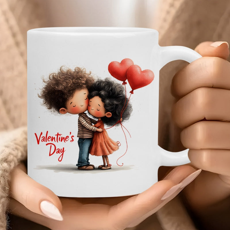 Tailorly White Ceramic 11 oz Mug - Valentines Day Cute Cartoon Boy And Girl Hugging With Heart Balloons Couple