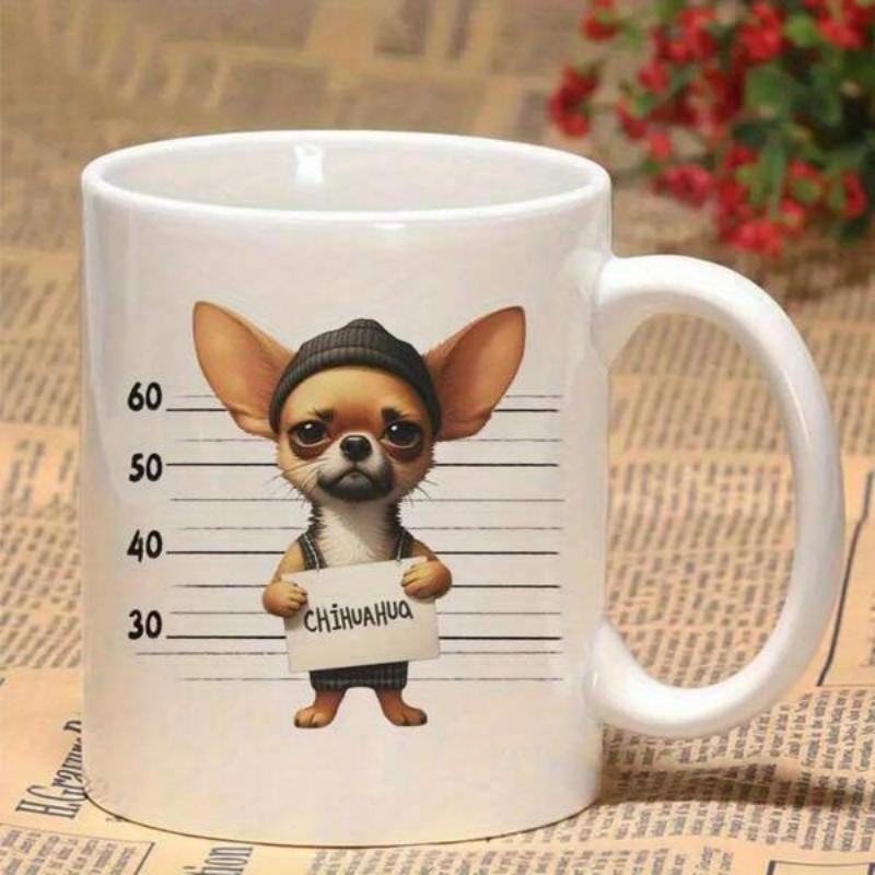 Tailorly White Ceramic 11 oz Mug - Chihuahua Tiny Canine Criminal Standing Against Height Chart Holding Identification Signboard Dog