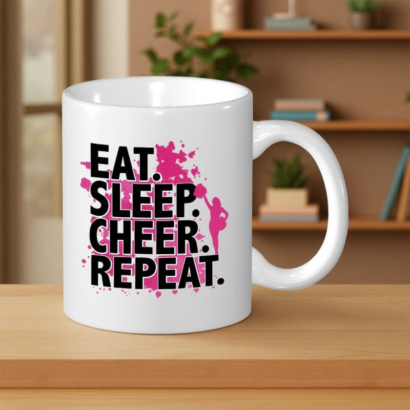 Tailorly White Ceramic 11 oz Mug - Eat Sleep Cheer Repeat Vibrant Pink Splatter Paint With A Dynamic Athletic Female Silhouette Cheerleader