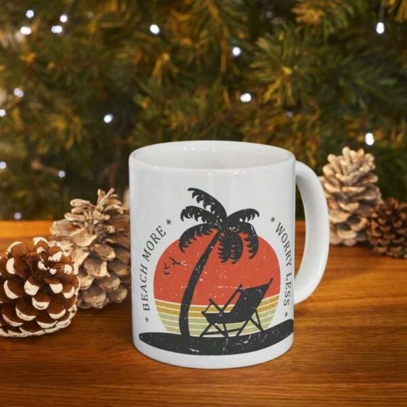 Tailorly White Ceramic 11 oz Mug - Beach More Worry Less Tropical Sunset Scene With Deck Chair Resting Under A Silhouette Palm Tree