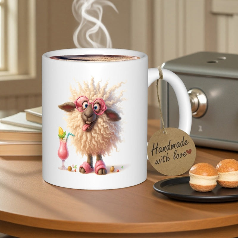 Tailorly White Ceramic 11 oz Mug - Handmade With Love Adorable Fluffy Lamb Wearing Pink Heart Shaped Glasses Beside Cocktail Sheep