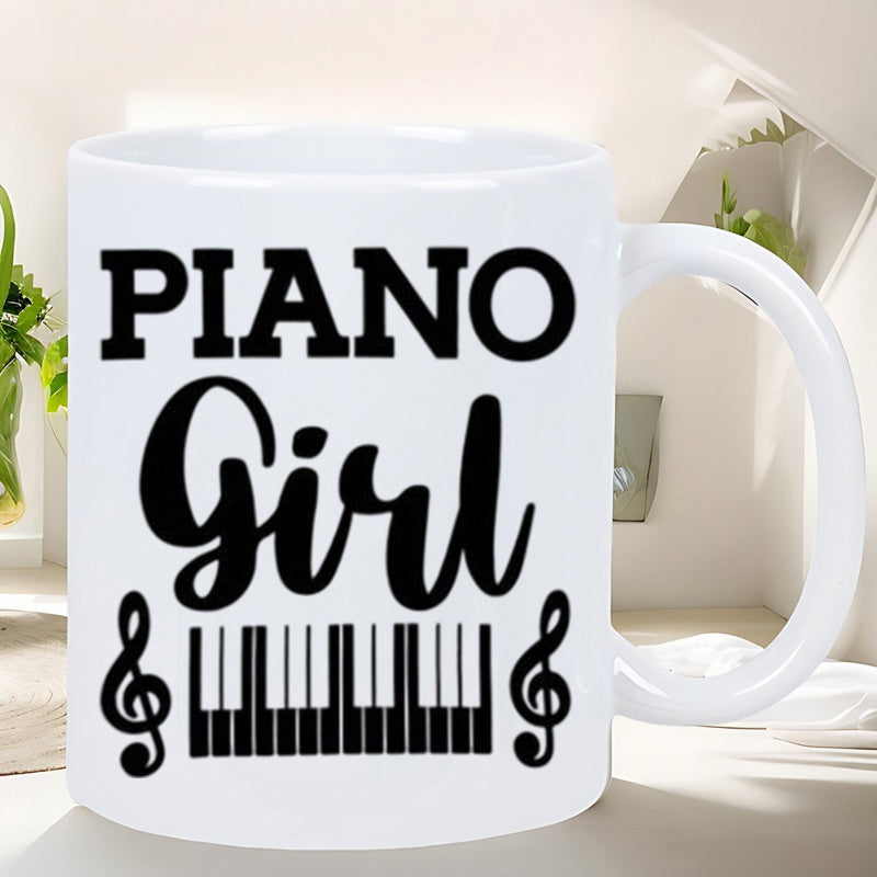 Tailorly White Ceramic 11 oz Mug - Piano Girl Musical Symbols With Elegant Treble Clefs Alongside Classic Black White Keys Piano