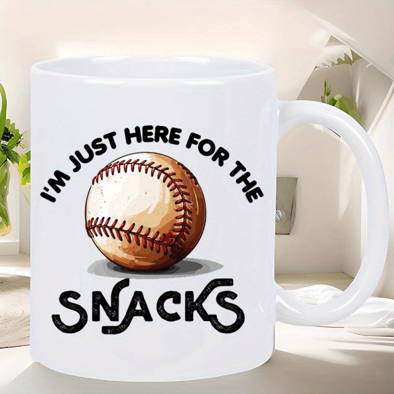Tailorly White Ceramic 11 oz Mug - Im Just Here For The Snacks Realistic Textured Leather Ball With Classic Red Stitching Baseball