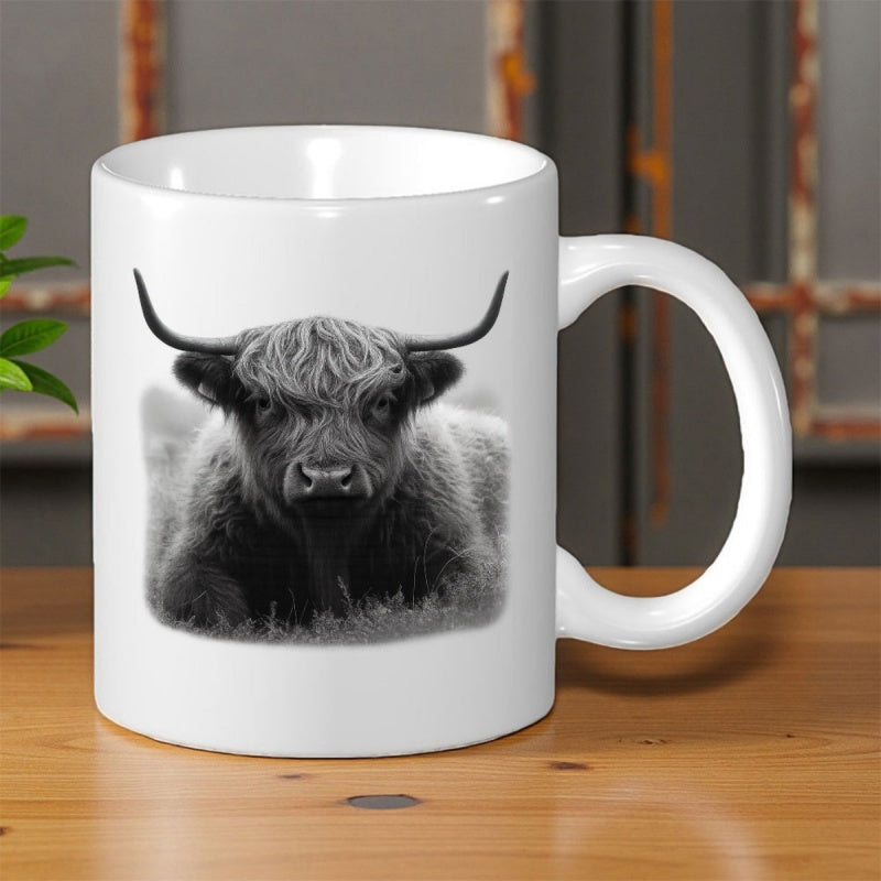 Tailorly White Ceramic 11 oz Mug - Majestic Highland Shaggy Fur Resting Peacefully In Monochrome Portrait Cow