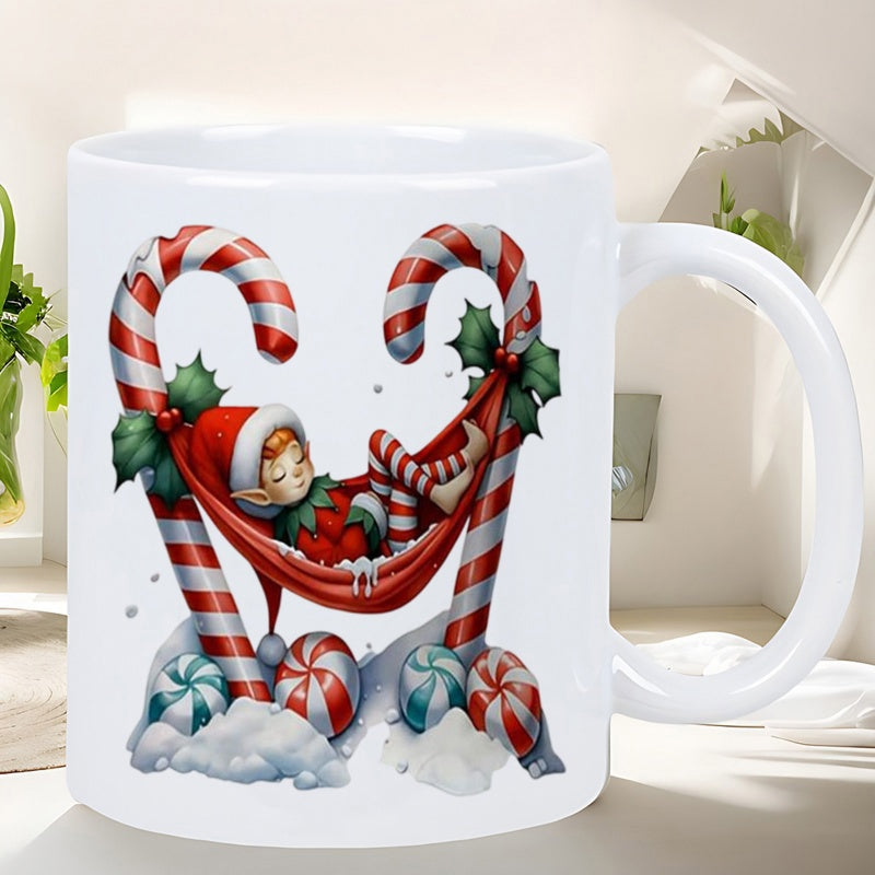 Tailorly White Ceramic 11 oz Mug - Festive Christmas Holiday Scene With Candy Canes And Peppermint Sleeping Elf