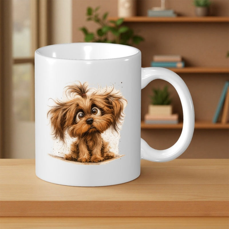 Tailorly White Ceramic 11 oz Mug - Adorable Fluffy Brown Puppy With Large Expressive Eyes Sitting Patiently Dog