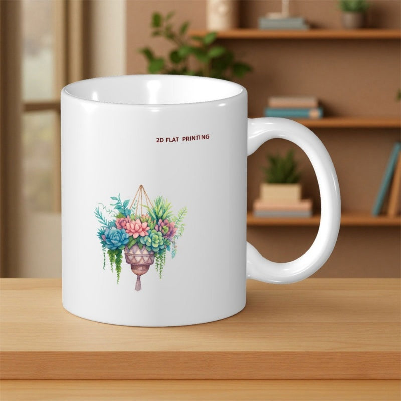 Tailorly White Ceramic 11 oz Mug - 2D Flat Printing Vibrant Watercolor Succulents In Geometric Hanging Pot With Trailing Green Leaves Succulents