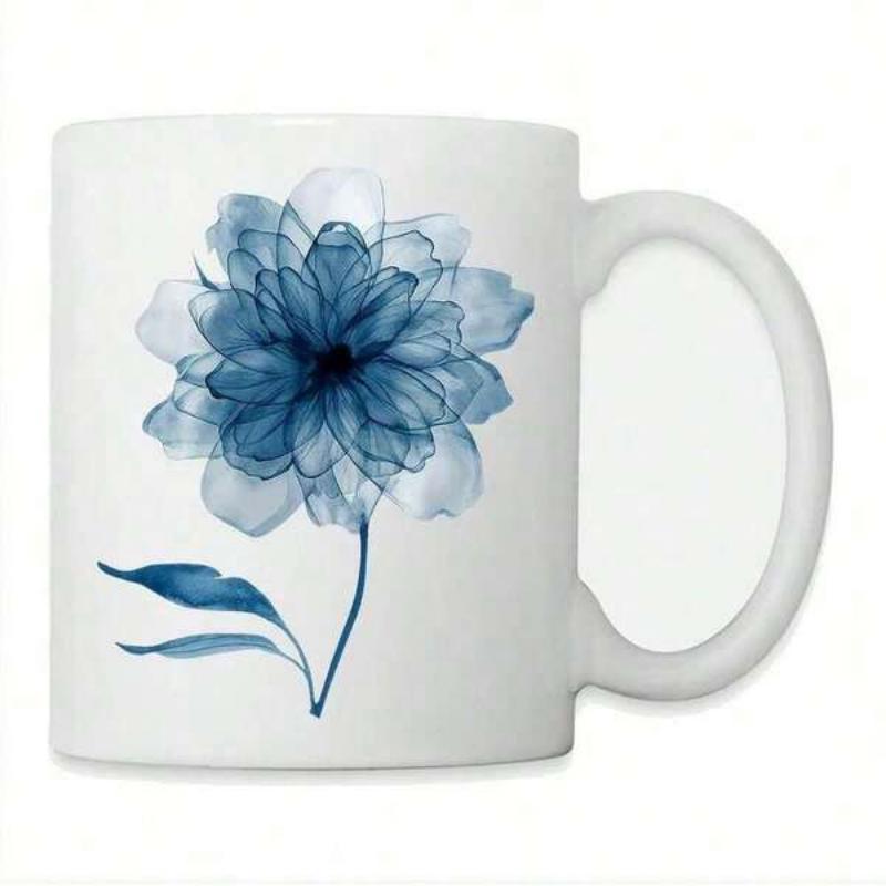 Tailorly White Ceramic 11 oz Mug - Delicate Translucent Blue Watercolor Petals Blooming With Elegant Indigo Leaves Flower