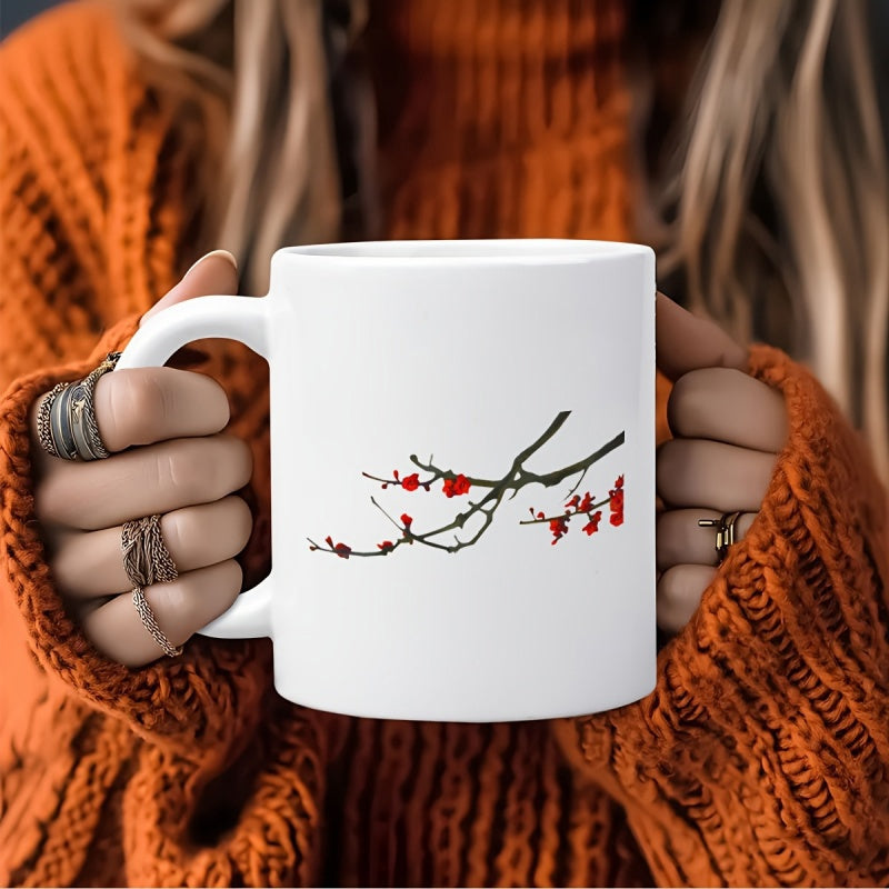 Tailorly White Ceramic 11 oz Mug - Elegant Blooming Red Petals On A Minimalist Zen Style Floral Branch