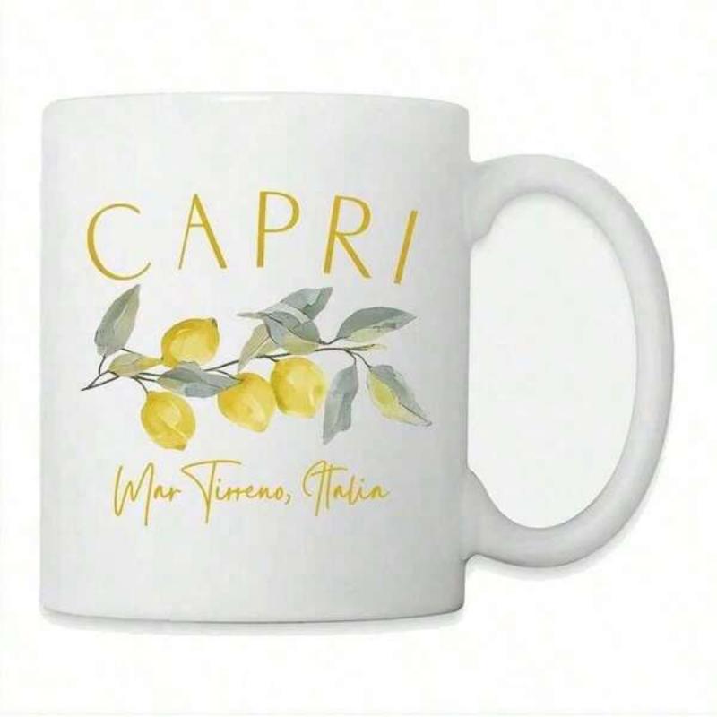 Tailorly White Ceramic 11 oz Mug - Capri Mar Tirreno Italia Watercolor Yellow Lemons On Green Leafy Branch Hanging In Mediterranean Sunlight Lemon