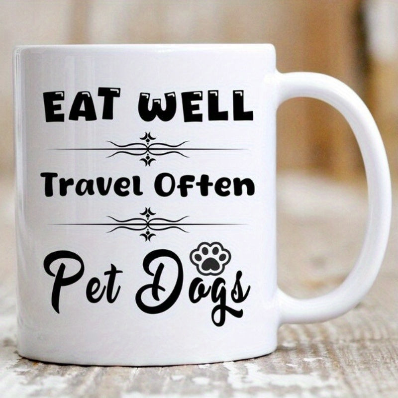 Tailorly White Ceramic 11 oz Mug - Eat Well Travel Often Pet Dogs Minimalist Black Paw Print And Decorative Ornate Horizontal Divider Lines Mug