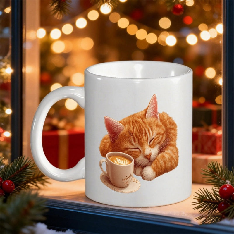 Tailorly White Ceramic 11 oz Mug - Adorable Ginger Sleeping Tabby Resting Peacefully Beside A Latte Cat