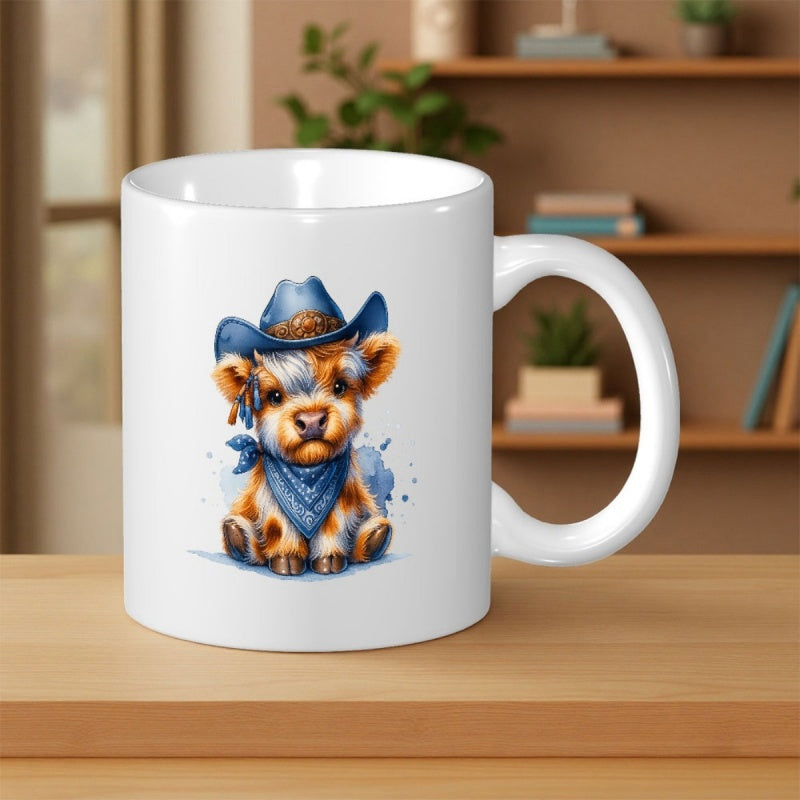 Tailorly White Ceramic 11 oz Mug - Cute Baby Highland Cow Wearing A Blue Cowboy Hat And Bandana Calf