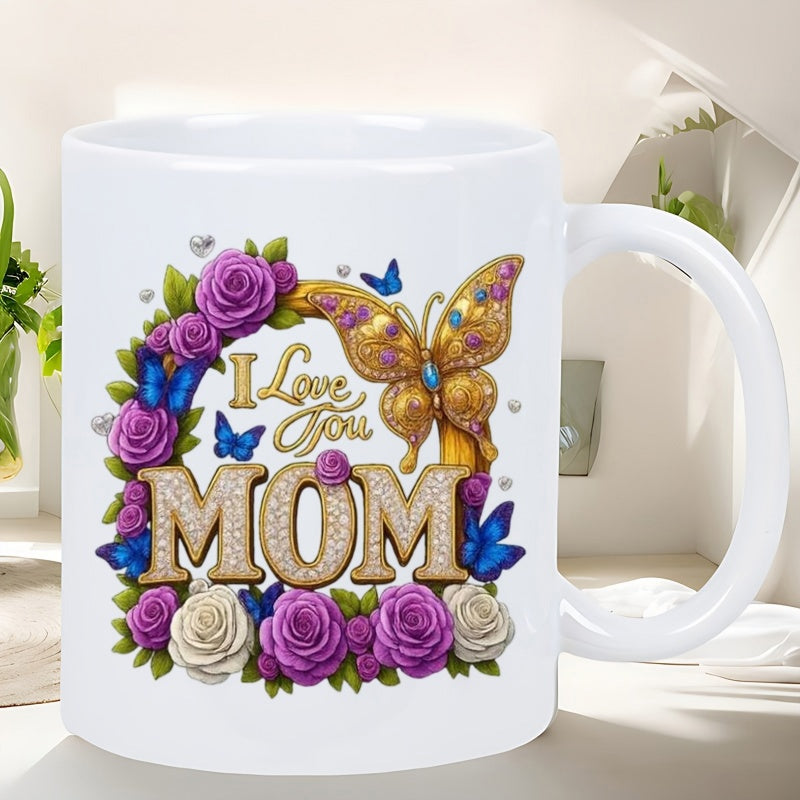 Tailorly White Ceramic 11 oz Mug - I Love You Mom Ornate Golden Butterfly Surrounded By Blooming Purple Roses And Green Leaves Butterfly