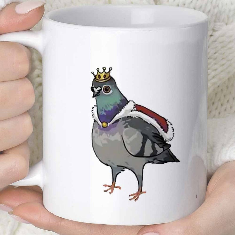 Tailorly White Ceramic 11 oz Mug - Regal Urban Bird Wearing A Gold Crown And Crimson Cape Pigeon