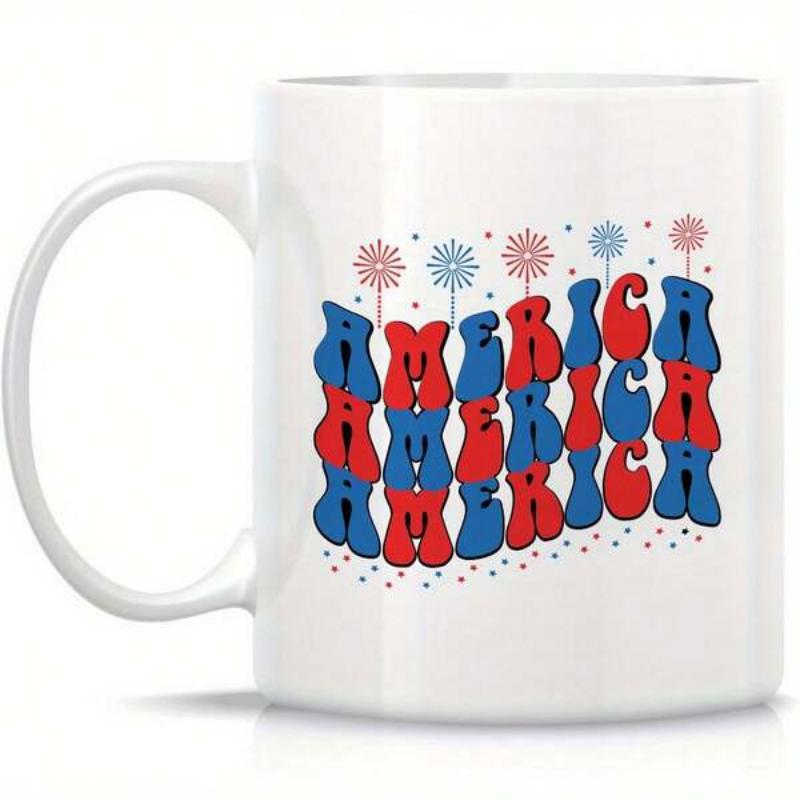 Tailorly White Ceramic 11 oz Mug - America Retro Groovy Wavy Style With Patriotic Fireworks Display Under Festive Stars America