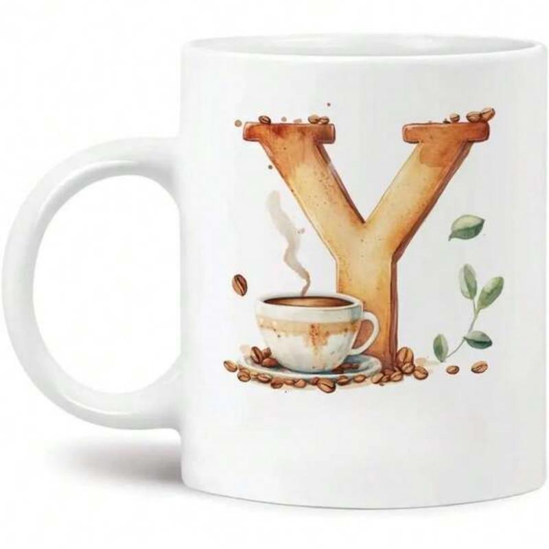 Tailorly White Ceramic 11 oz Mug - Y Artistic Watercolor Style Letter With Steaming Coffee Cup And Beans Mug