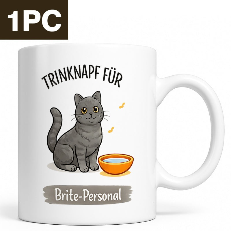 Tailorly White Ceramic 11 oz Mug - Sitting Grey Kitten Beside An Orange Bowl Filled With Milk Cat