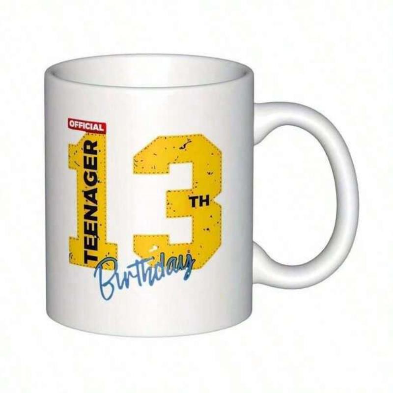 Tailorly White Ceramic 11 oz Mug - Official Teenager 13th Birthday Large Distressed Yellow Number Thirteen With Blue Elegant Script Mug
