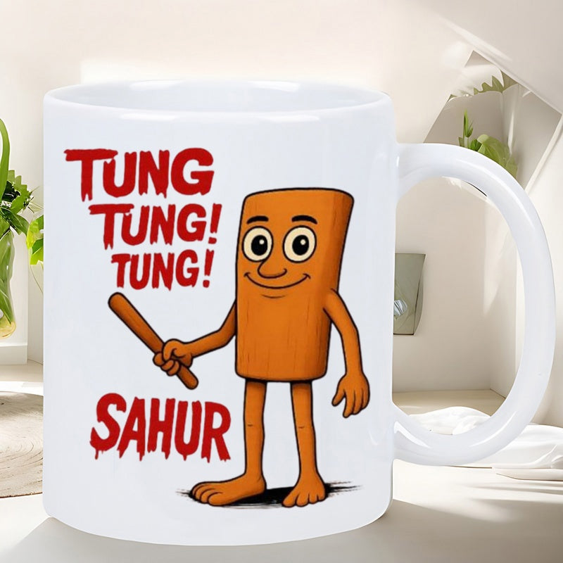 Tailorly White Ceramic 11 oz Mug - Tung Tung Tung Sahur Smiling Brown Rectangular Wooden Mascot Holding A Drumming Stick Character