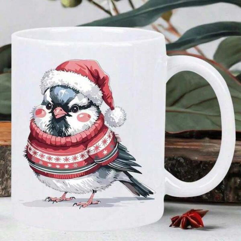 Tailorly White Ceramic 11 oz Mug - Cute Festive Chubby Winter Wearing Red Santa Hat And Patterned Sweater Bird