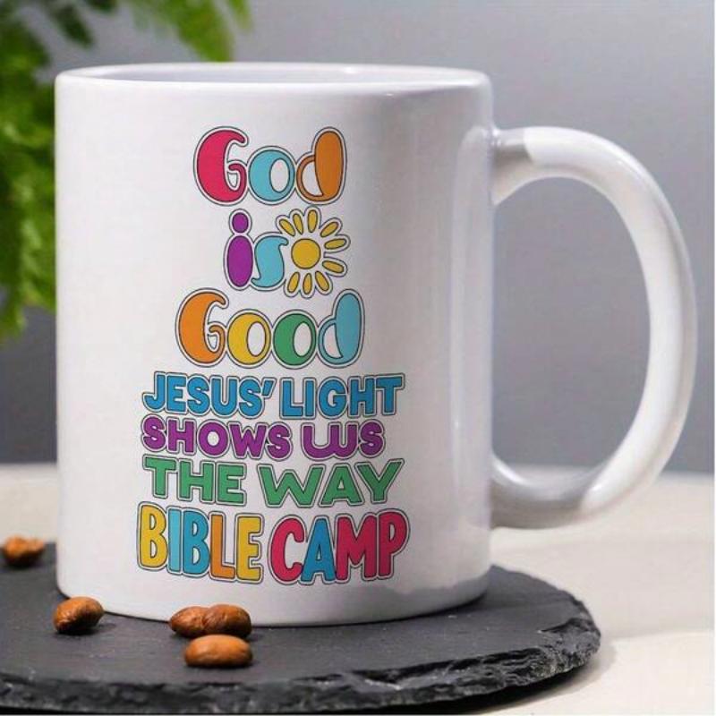 Tailorly White Ceramic 11 oz Mug - God Is Good Jesus Light Shows Us The Way Bible Camp Vibrant Colorful Typography Featuring Radiant Sun Icon Under Spiritual Theme
