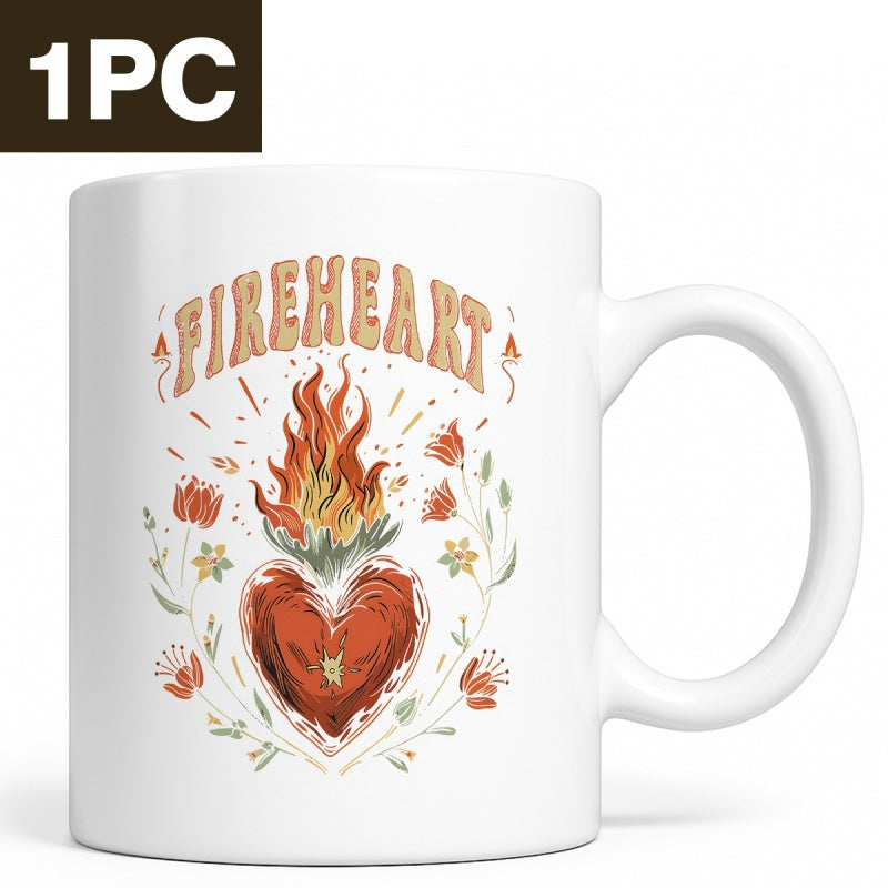 Tailorly White Ceramic 11 oz Mug - Fireheart Retro Flaming Heart With Delicate Blossoms And Green Vine Leaves Heart