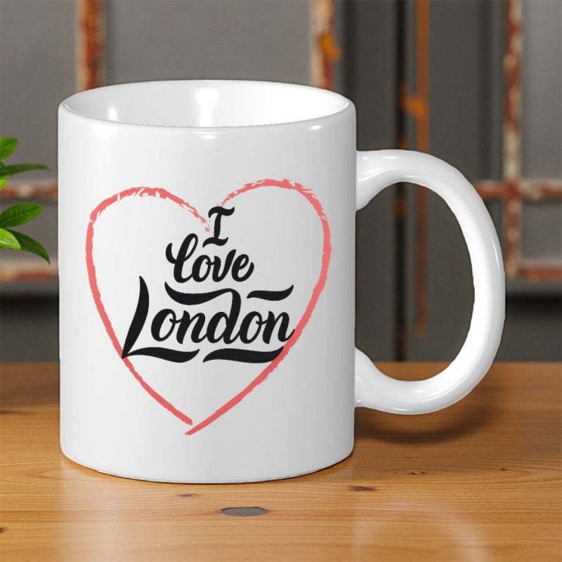 Tailorly White Ceramic 11 oz Mug - I Love London Pink Brush Stroke Outline With Elegant Artistic Decorative Calligraphy Script Heart