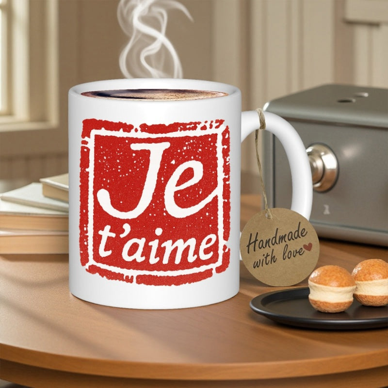 Tailorly White Ceramic 11 oz Mug - Je Taime Vibrant Red Textured Stamp Design Featuring Elegant Script On