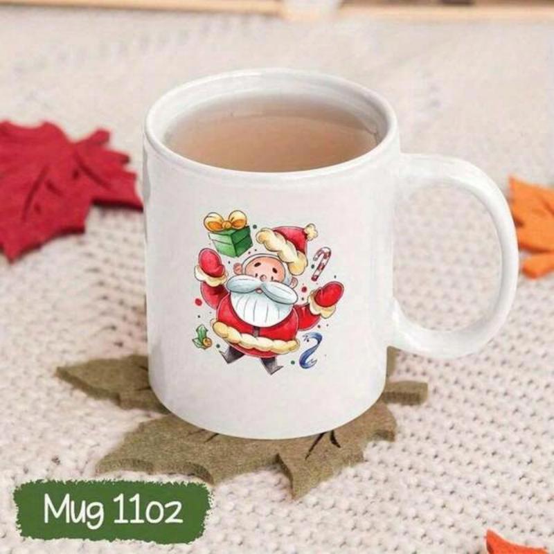 Tailorly White Ceramic 11 oz Mug - Whimsical Watercolor Style Holding A Small Green Christmas Gift Santa Claus
