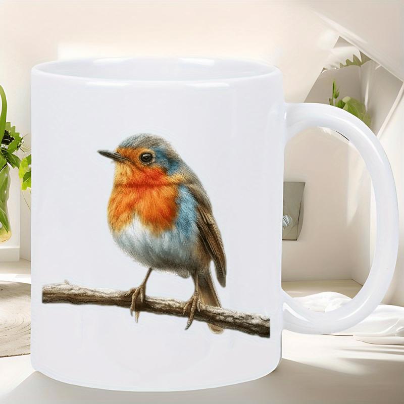 Tailorly White Ceramic 11 oz Mug - Colorful Little Bird Perched Gracefully Upon A Thin Wooden Branch Robin
