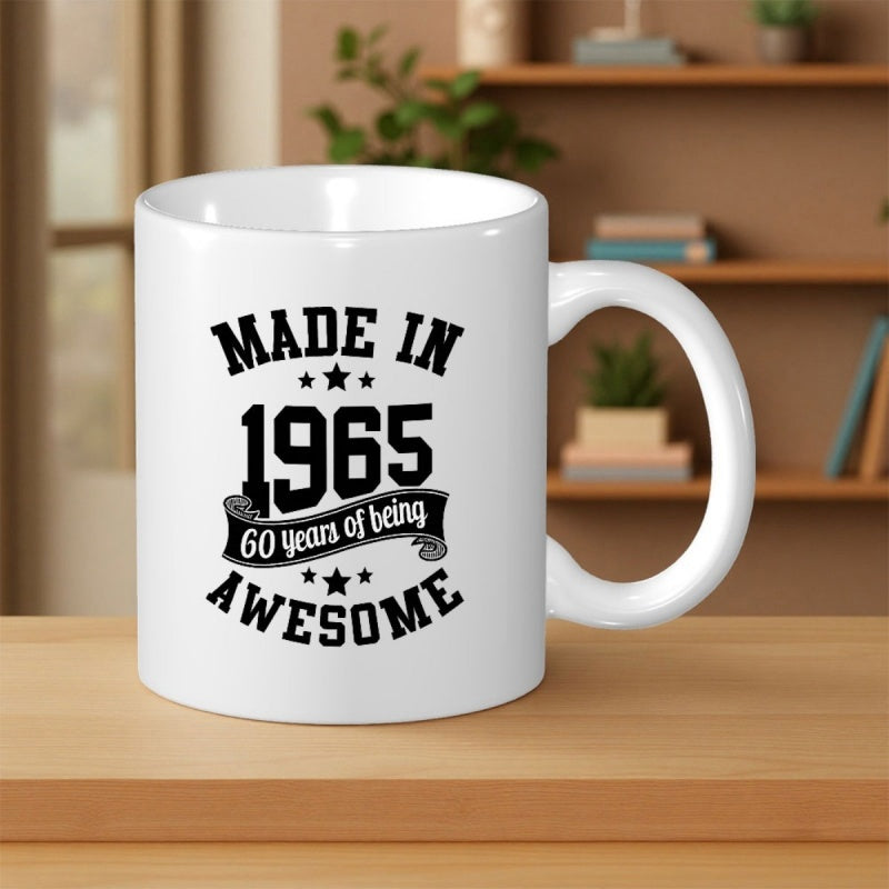 Tailorly White Ceramic 11 oz Mug - Made In 1965 60 Years Of Being Awesome Minimalist Black Text Design Featuring Stars And Elegant Ribbon Decoration Mug