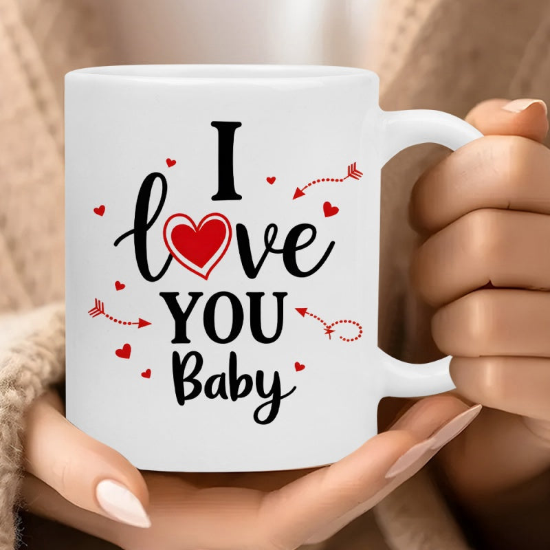 Tailorly White Ceramic 11 oz Mug - I Love You Baby Romantic Red Floating Hearts With Delicate Arrows Surrounding Heart