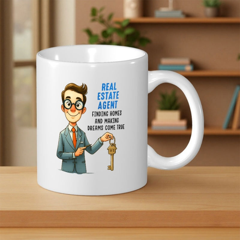 Tailorly White Ceramic 11 oz Mug - Real Estate Agent Finding Homes And Making Dreams Come True Professional Smiling Cartoon Realtor In A Suit Holding A Golden Key