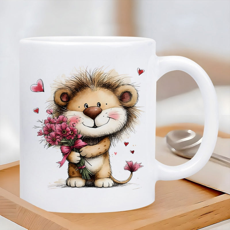 Tailorly White Ceramic 11 oz Mug - Cute Little Cub Holding Pink Flower Bouquet With Floating Hearts Lion