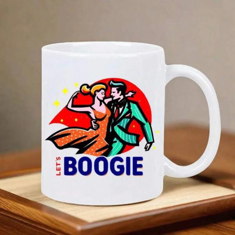 Tailorly White Ceramic 11 oz Mug - Lets Boogie Vintage Pop Art Style Dancers Performing Lively Moves Against Red Sun Backdrop Couple