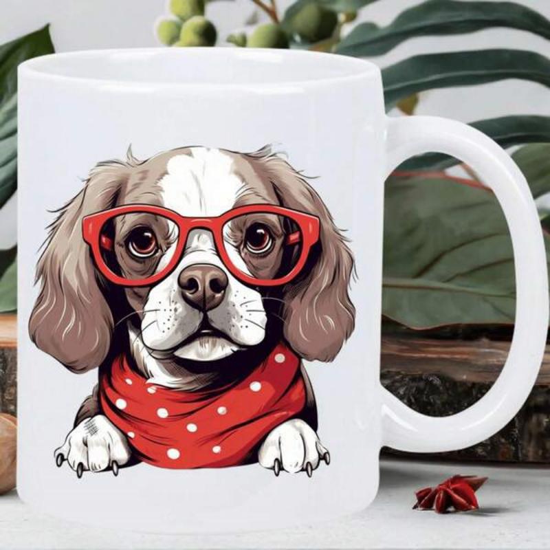 Tailorly White Ceramic 11 oz Mug - Adorable Spaniel Wearing Red Glasses With Polka Dot Scarf Dog