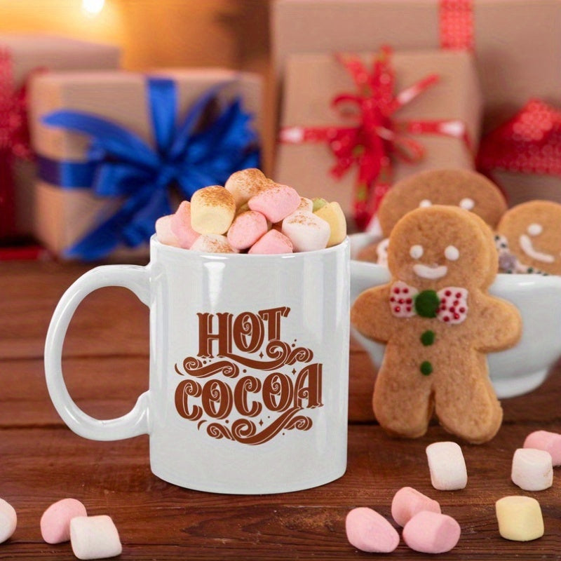 Tailorly White Ceramic 11 oz Mug - Hot Cocoa Steaming Cup Filled With Soft Marshmallows Beside A Smiling Gingerbread Mug