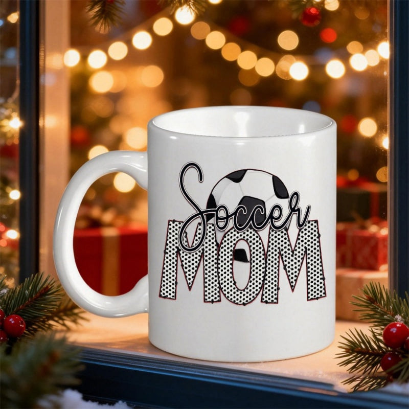 Tailorly White Ceramic 11 oz Mug - Soccer Mom Classic Sport Ball With Net Pattern Texture Inside Bold Decorative Letters Ball