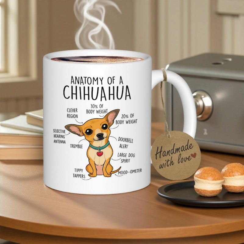 Tailorly White Ceramic 11 oz Mug - Anatomy Of A Chihuahua Detailed Illustration Of A Cute Cartoon Dog With Humorous Labeling Points Chihuahua
