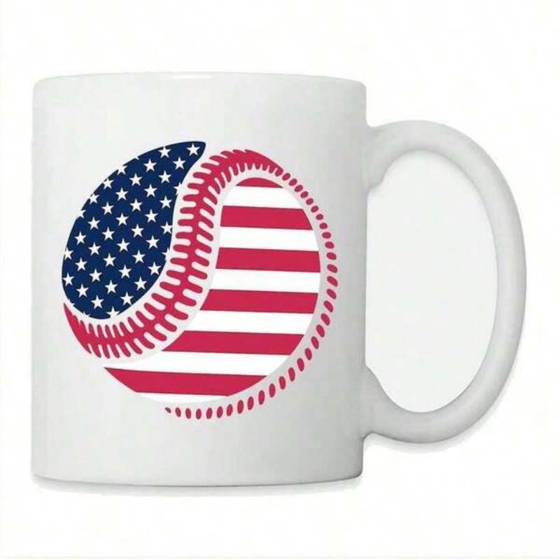 Tailorly White Ceramic 11 oz Mug - Patriotic Stars And Stripes Themed American Flag Inspired Sports Baseball