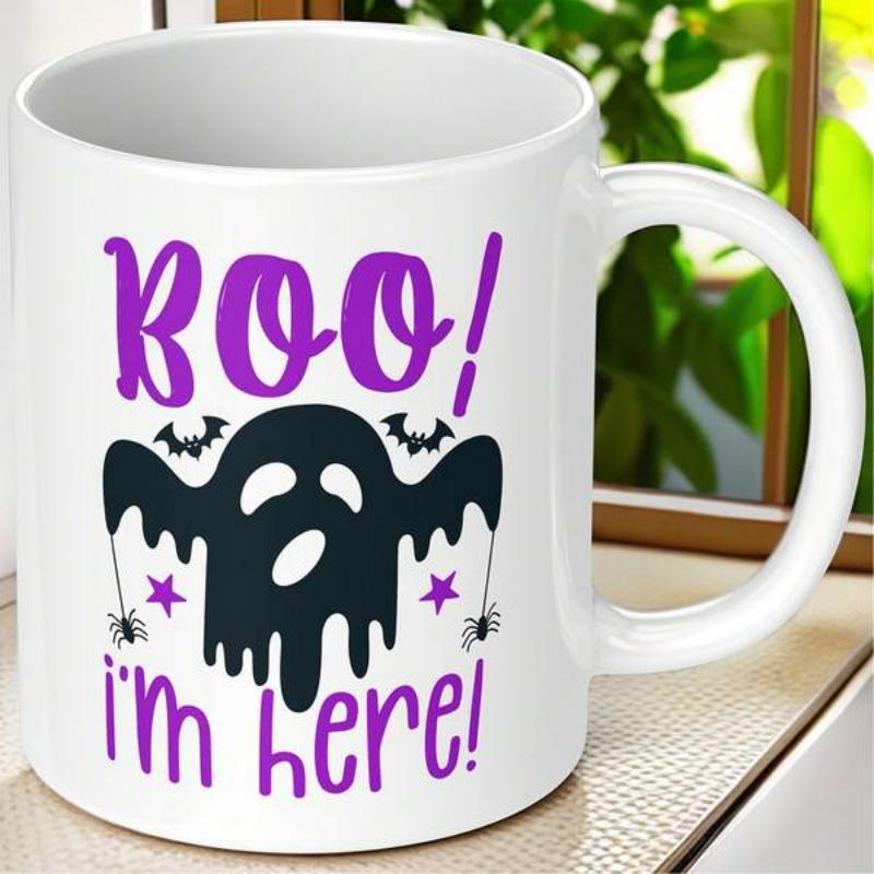 Tailorly White Ceramic 11 oz Mug - Boo Im Here Dripping Melting Black Silhouette With Small Bats And Spiders Ghost