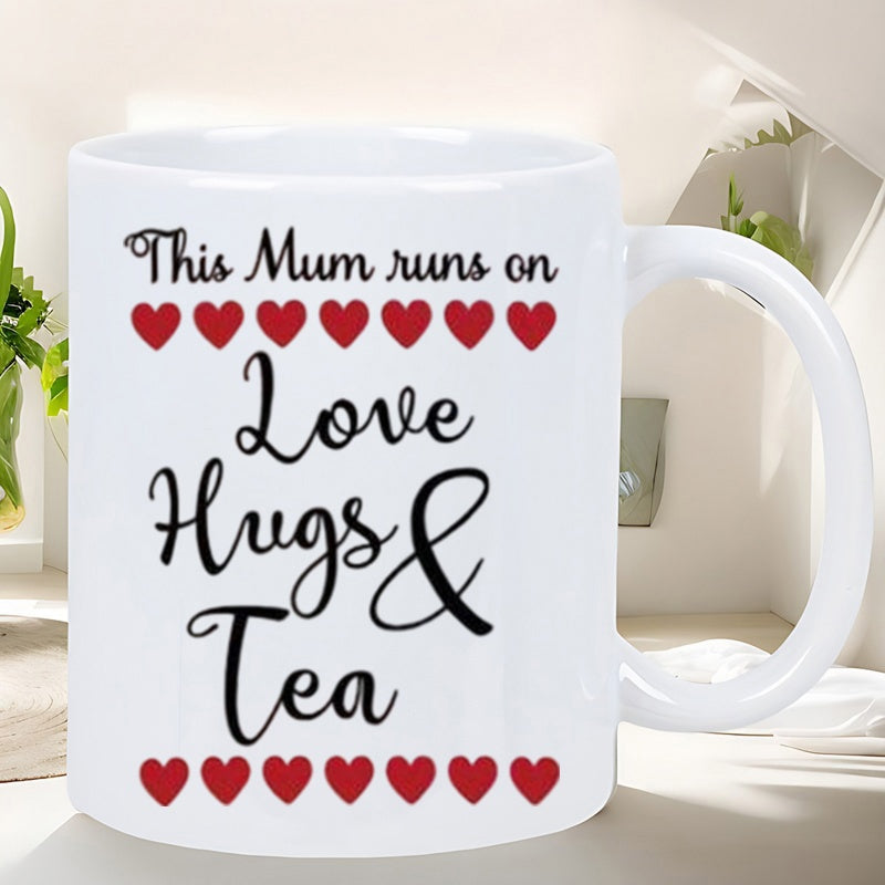 Tailorly White Ceramic 11 oz Mug - This Mum Runs On Love Hugs And Tea Red Hearts Arrayed In Rows Above And Below Artistic Script Font Heart
